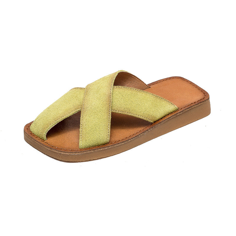 Women's Breathable Top Layer Cowhide Simple Casual Solid Color Slides