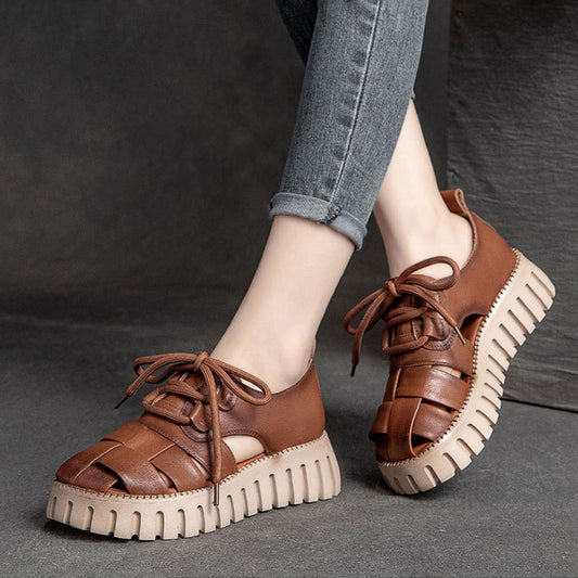 Stylish Summer Casual Plaid Soft Genuine Leather Platform Sandals