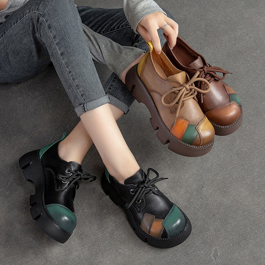 Women's Thick Sole Mixed Colors Retro Genuine Leather Platform Sandals